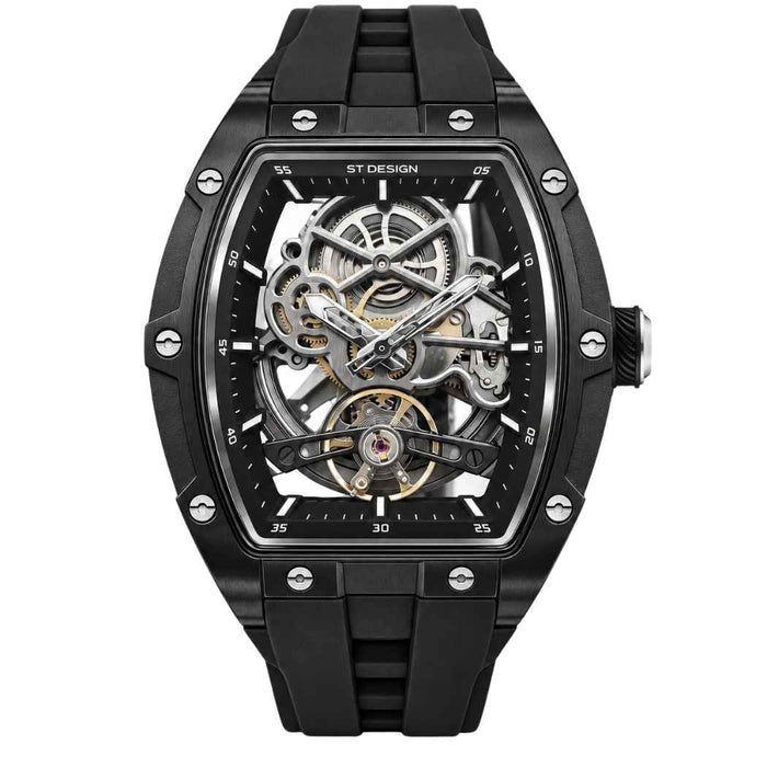 Rechteckige Herrenuhr Skelett mit Silikonarmband Schwarz