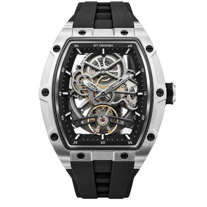 Rechteckige Herrenuhr Skelett mit Silikonarmband Silber